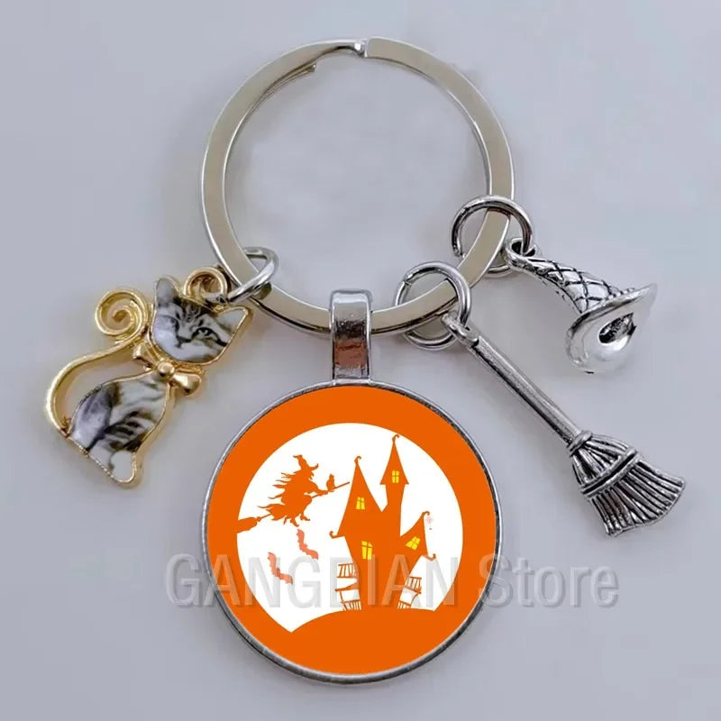DIY Halloween Keyring Witchy Witchcraft hat Keychain Cat Key Chains Gothic Broomstick Charms Gift For Witch Lover Jewlery