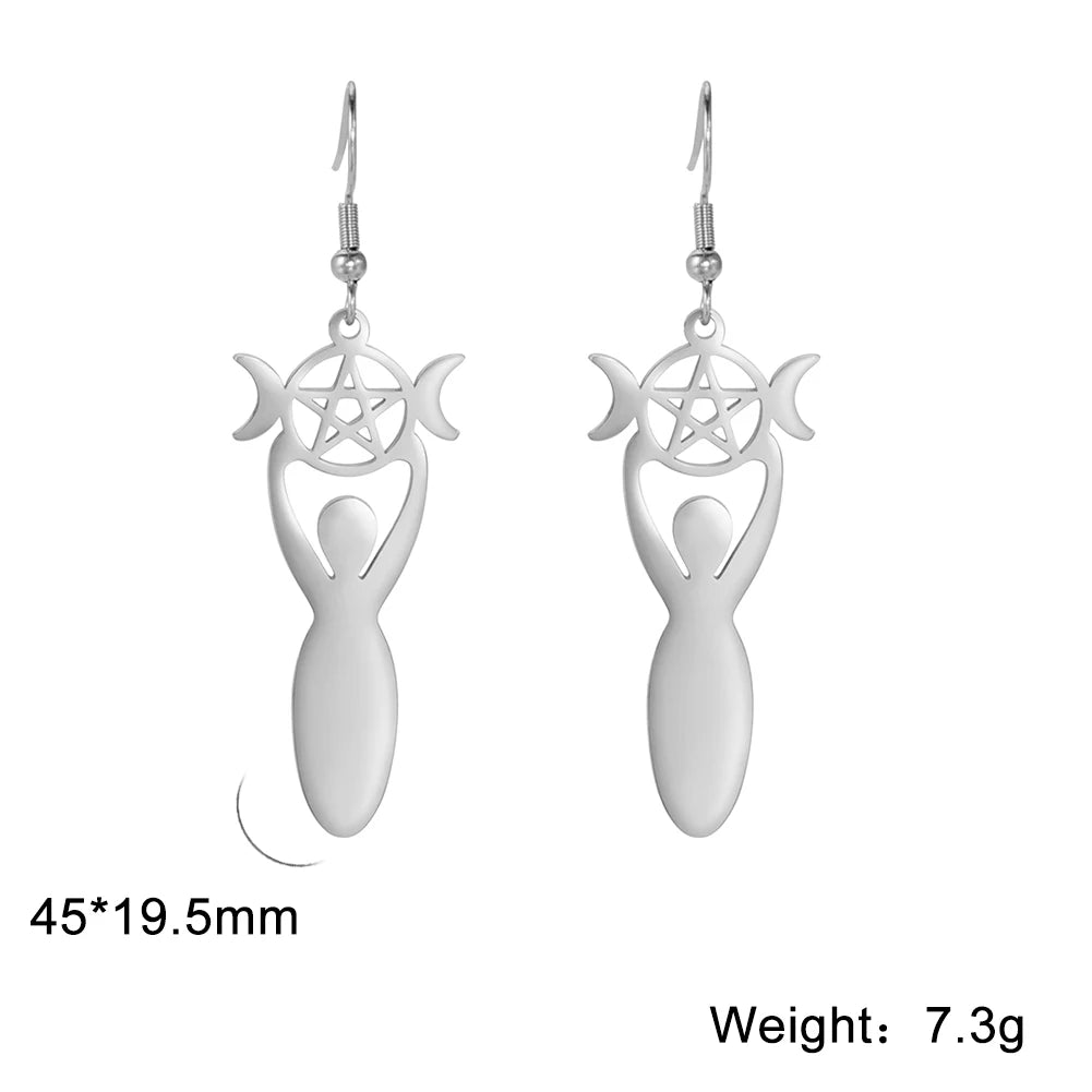 Dawapara Triple Moon Spiral Goddess Symbol Dangle Earrings Wiccan Pentagram Pagan Stainless Steel Women Jewelry