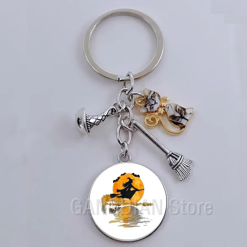 DIY Halloween Keyring Witchy Witchcraft hat Keychain Cat Key Chains Gothic Broomstick Charms Gift For Witch Lover Jewlery
