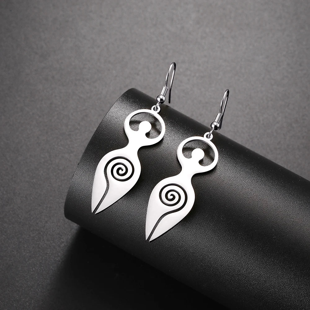 Dawapara Triple Moon Spiral Goddess Symbol Dangle Earrings Wiccan Pentagram Pagan Stainless Steel Women Jewelry
