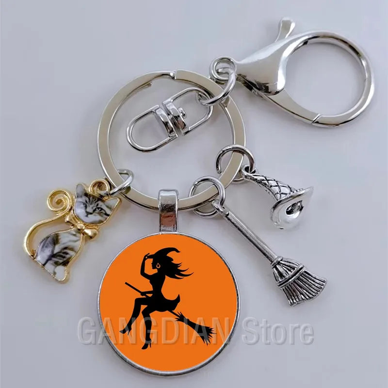 DIY Halloween Keyring Witchy Witchcraft hat Keychain Cat Key Chains Gothic Broomstick Charms Gift For Witch Lover Jewlery