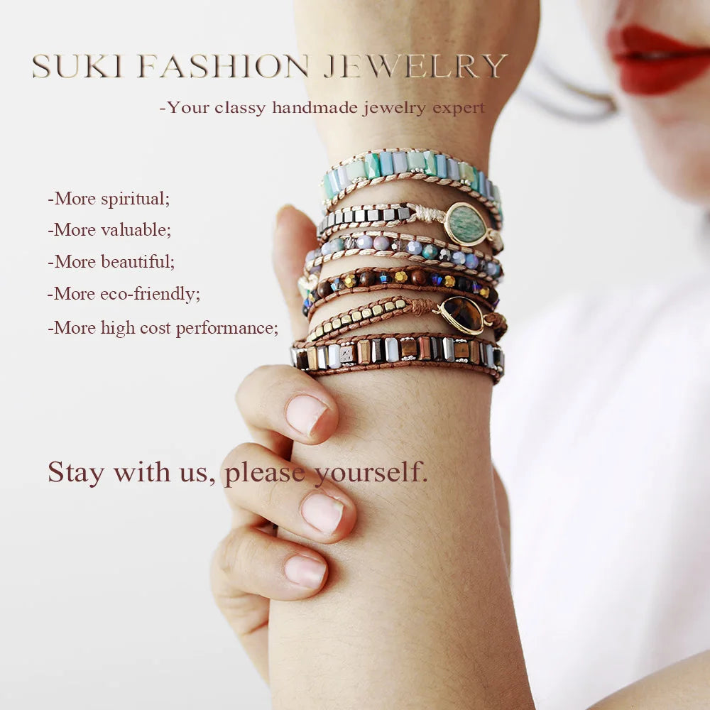 Creative Opal Stone 5 Layers Crystal Wristband Vintage Wrap Bracelet Cuff Bangle Handmade Spiritual Bohemia Jewelry