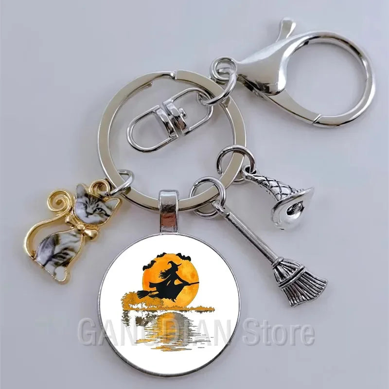 DIY Halloween Keyring Witchy Witchcraft hat Keychain Cat Key Chains Gothic Broomstick Charms Gift For Witch Lover Jewlery
