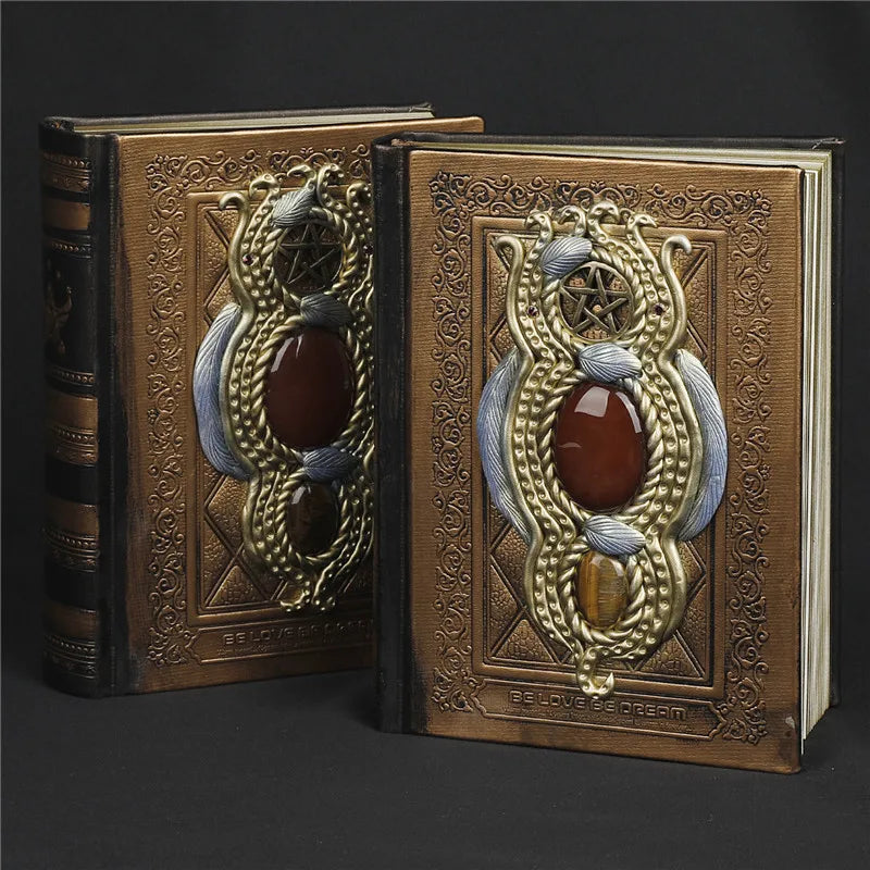 Retro Magic Notebook 3D Relief Sculpture Flying Horse Pentagram Inlaid With Natural Crystal Stone Thickened Multi Page Notebook