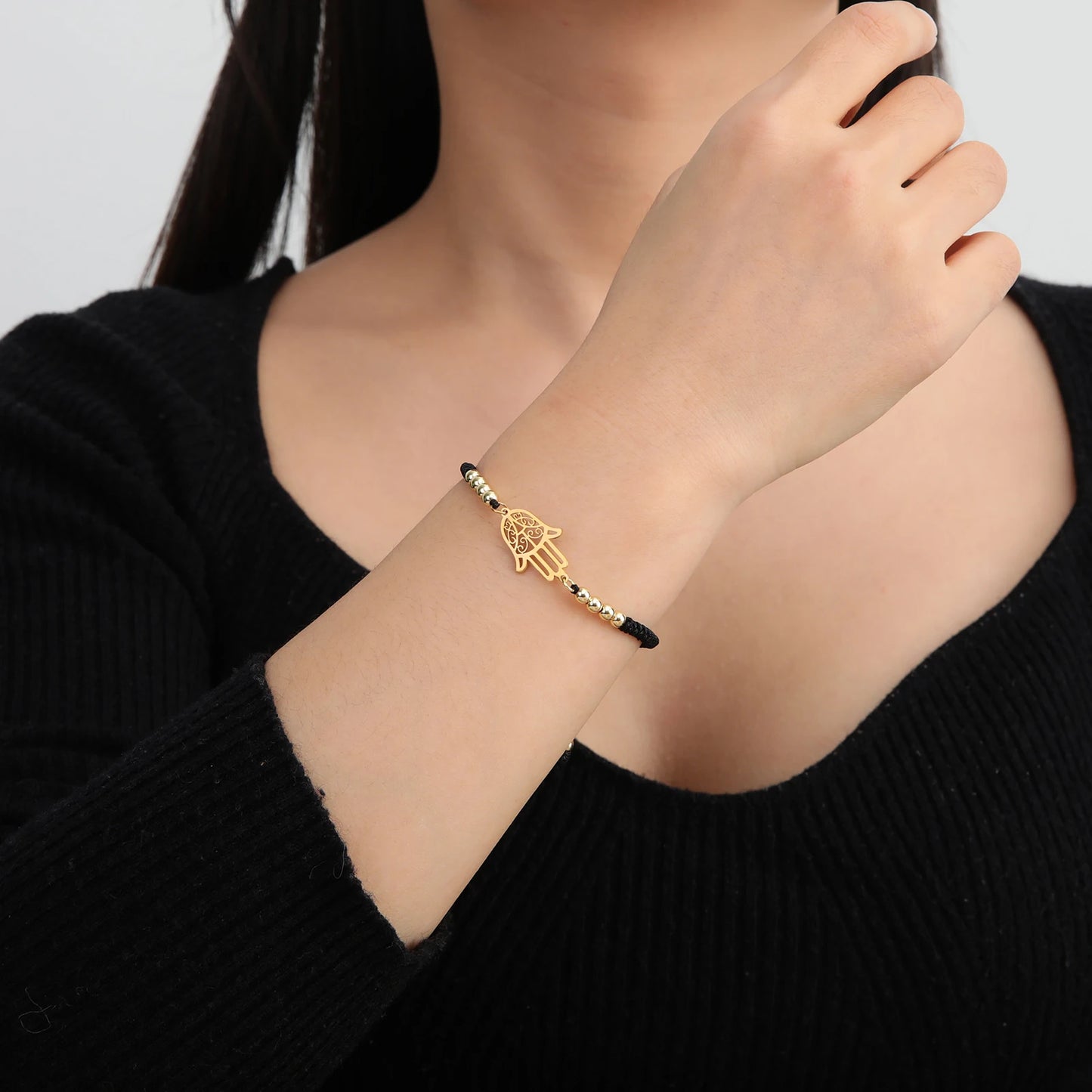 LIKGREAT Classic Hand of Fatima Adjustable Bracelets Lucky Amulet Hamsa Spiritual Jewelry Stainless Steel Men Women Wiccan Gift