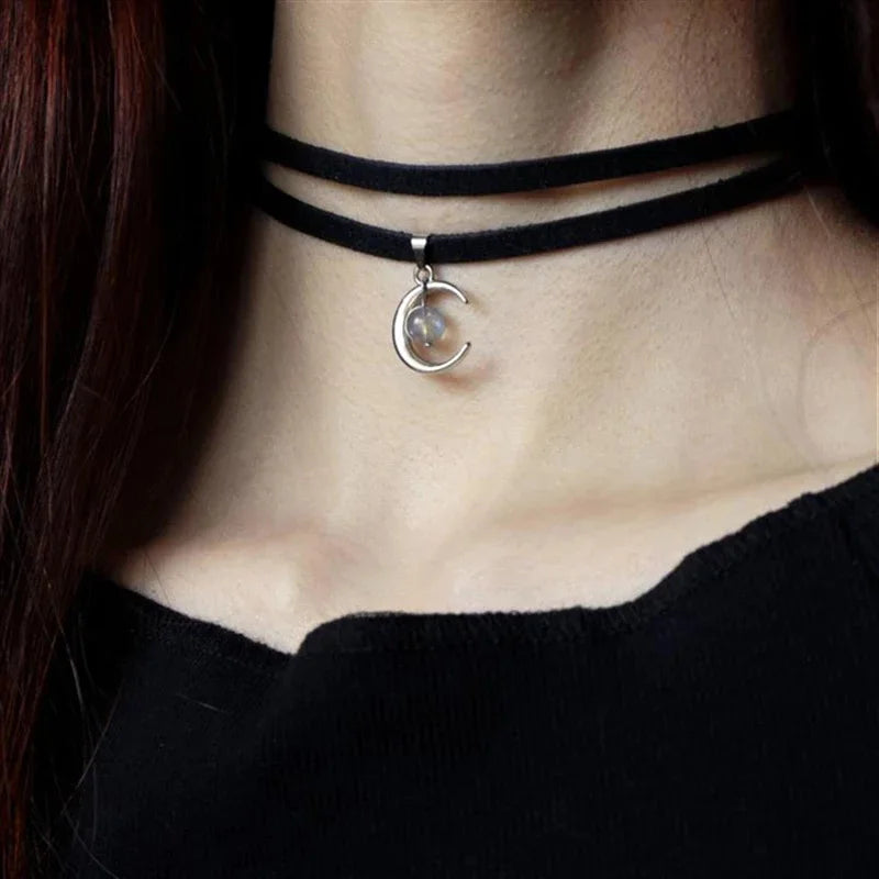 Double Layers Black Choker Necklace Crescent Pendant Statement Gothic Witchy Halfmoon Luna Women Neck Jewelry Gift