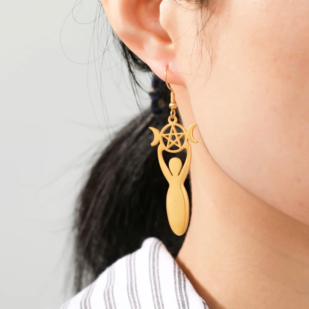 Dawapara Triple Moon Spiral Goddess Symbol Dangle Earrings Wiccan Pentagram Pagan Stainless Steel Women Jewelry