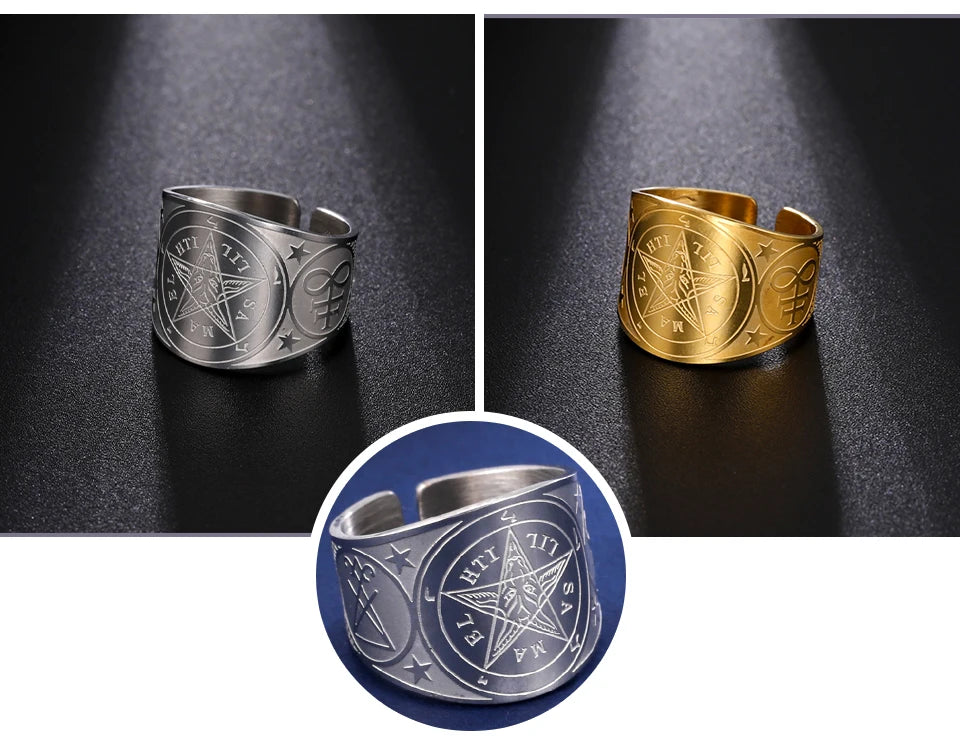 Stainless Steel Pentagram Protection Ring - Elementsofthewitch