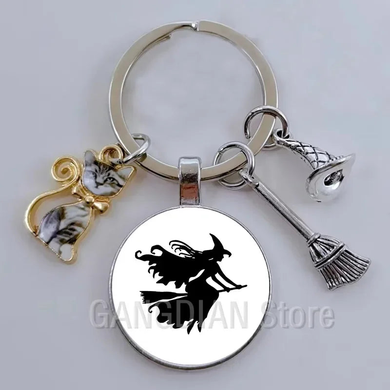 DIY Halloween Keyring Witchy Witchcraft hat Keychain Cat Key Chains Gothic Broomstick Charms Gift For Witch Lover Jewlery