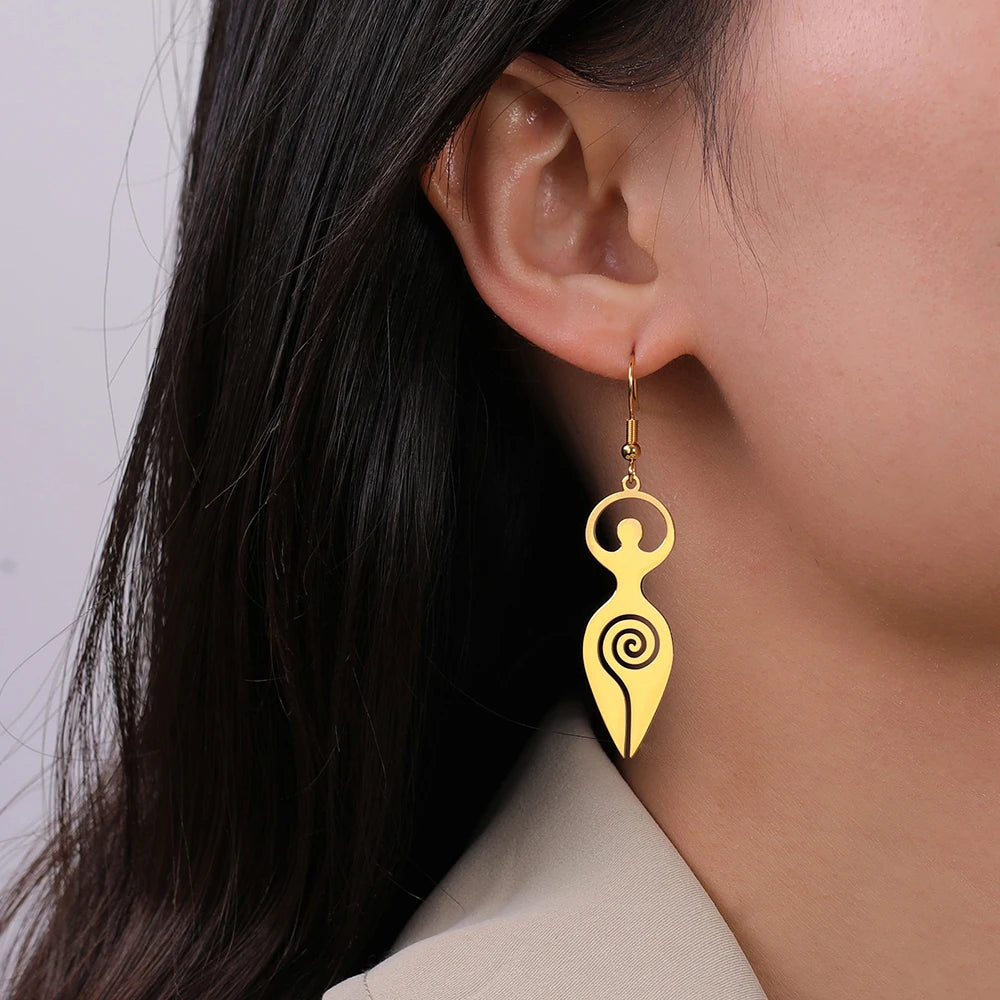 Dawapara Triple Moon Spiral Goddess Symbol Dangle Earrings Wiccan Pentagram Pagan Stainless Steel Women Jewelry