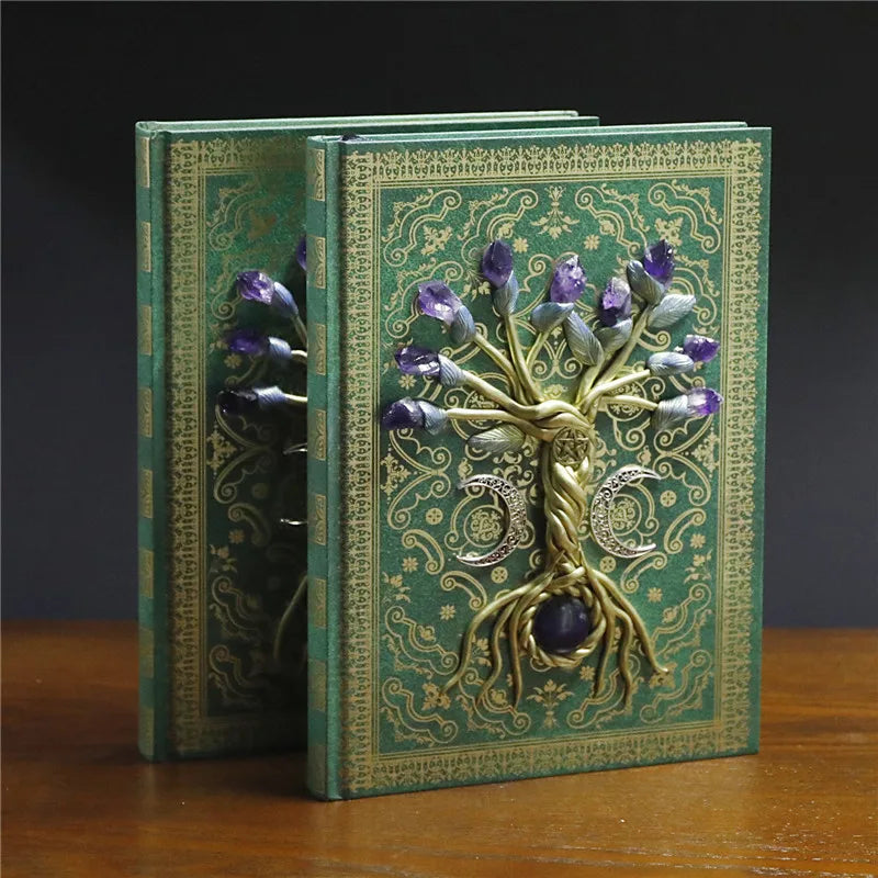 Retro Magic Notebook 3D Relief Sculpture Flying Horse Pentagram Inlaid With Natural Crystal Stone Thickened Multi Page Notebook