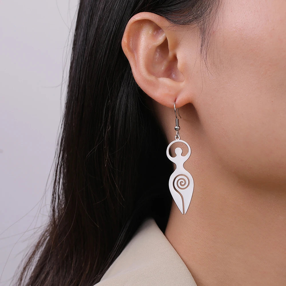 Dawapara Triple Moon Spiral Goddess Symbol Dangle Earrings Wiccan Pentagram Pagan Stainless Steel Women Jewelry