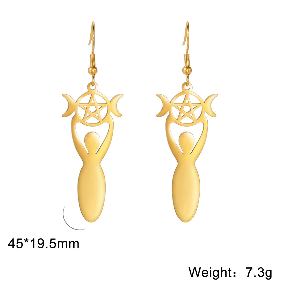 Dawapara Triple Moon Spiral Goddess Symbol Dangle Earrings Wiccan Pentagram Pagan Stainless Steel Women Jewelry