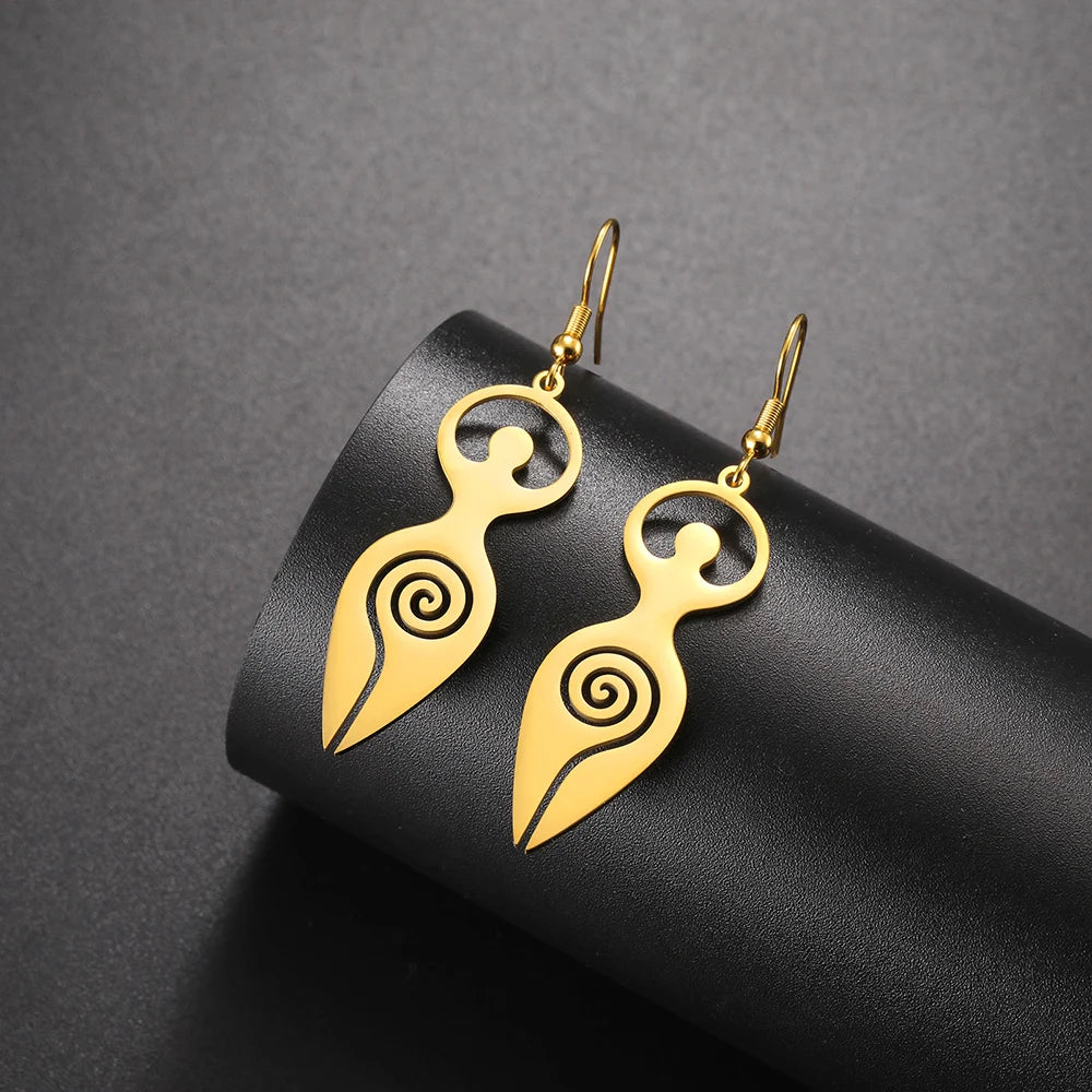 Dawapara Triple Moon Spiral Goddess Symbol Dangle Earrings Wiccan Pentagram Pagan Stainless Steel Women Jewelry