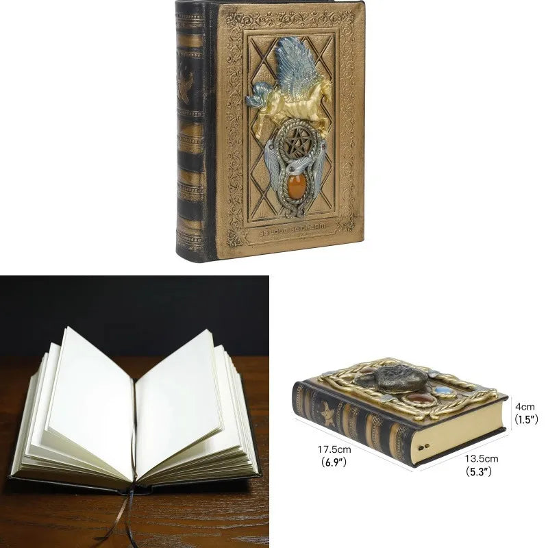 Retro Magic Notebook 3D Relief Sculpture Flying Horse Pentagram Inlaid With Natural Crystal Stone Thickened Multi Page Notebook