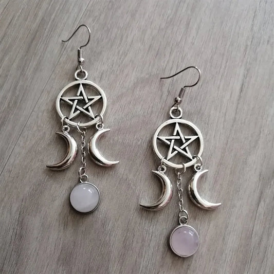 Rose Quartz Pentagram Moon Earrings