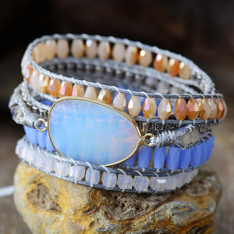 Creative Opal Stone 5 Layers Crystal Wristband Vintage Wrap Bracelet Cuff Bangle Handmade Spiritual Bohemia Jewelry