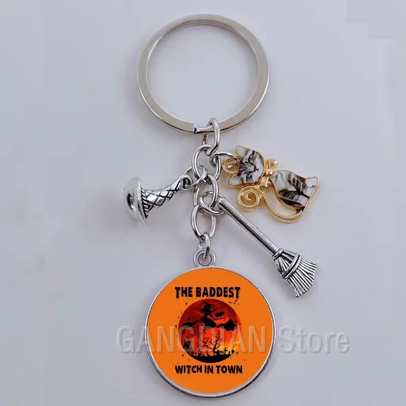 DIY Halloween Keyring Witchy Witchcraft hat Keychain Cat Key Chains Gothic Broomstick Charms Gift For Witch Lover Jewlery