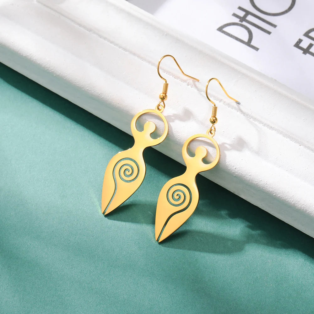 Dawapara Triple Moon Spiral Goddess Symbol Dangle Earrings Wiccan Pentagram Pagan Stainless Steel Women Jewelry
