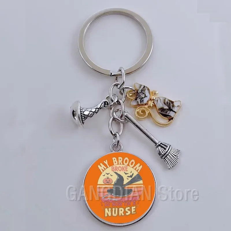 DIY Halloween Keyring Witchy Witchcraft hat Keychain Cat Key Chains Gothic Broomstick Charms Gift For Witch Lover Jewlery