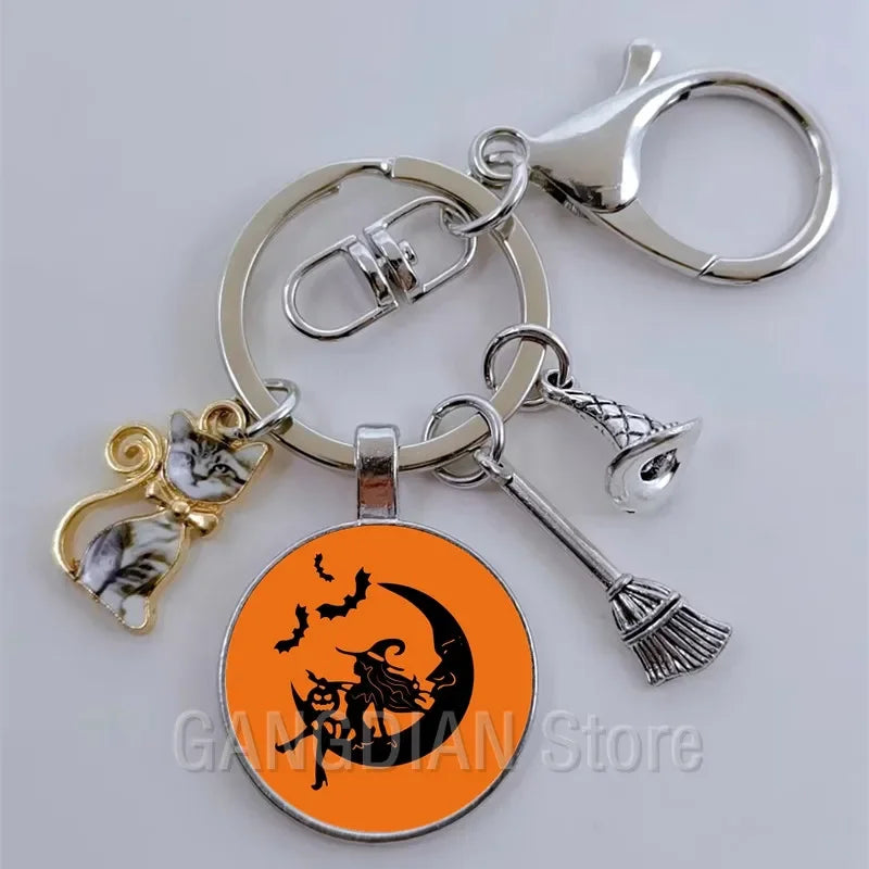 DIY Halloween Keyring Witchy Witchcraft hat Keychain Cat Key Chains Gothic Broomstick Charms Gift For Witch Lover Jewlery