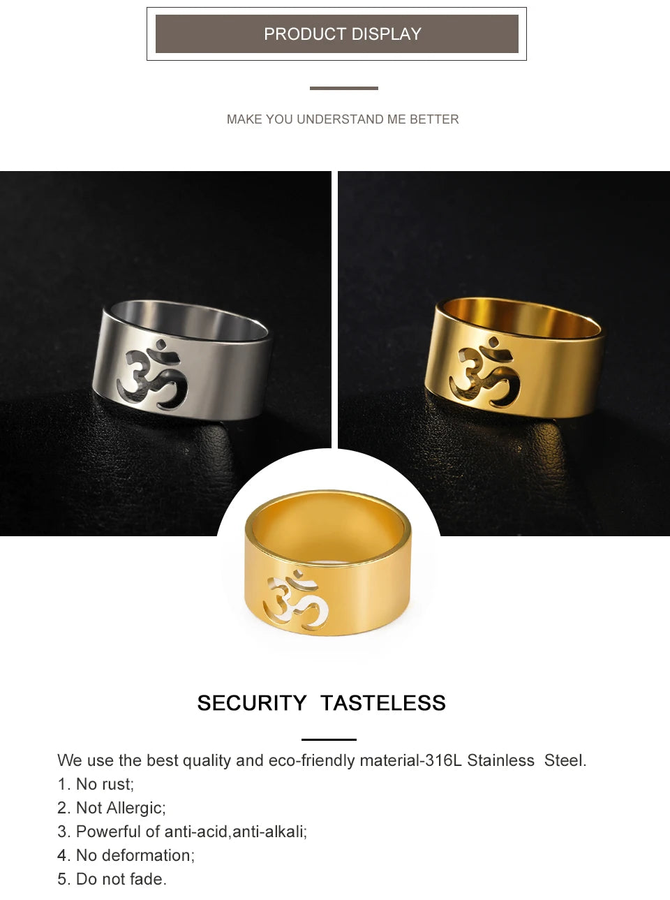 My Shape Yoga Om Symbol Rings Women Stainless Steel Finger Aum Ohm Om Hindu Spiritual Religious Jewelry Amulet Gifts for Men