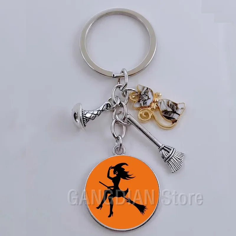 DIY Halloween Keyring Witchy Witchcraft hat Keychain Cat Key Chains Gothic Broomstick Charms Gift For Witch Lover Jewlery