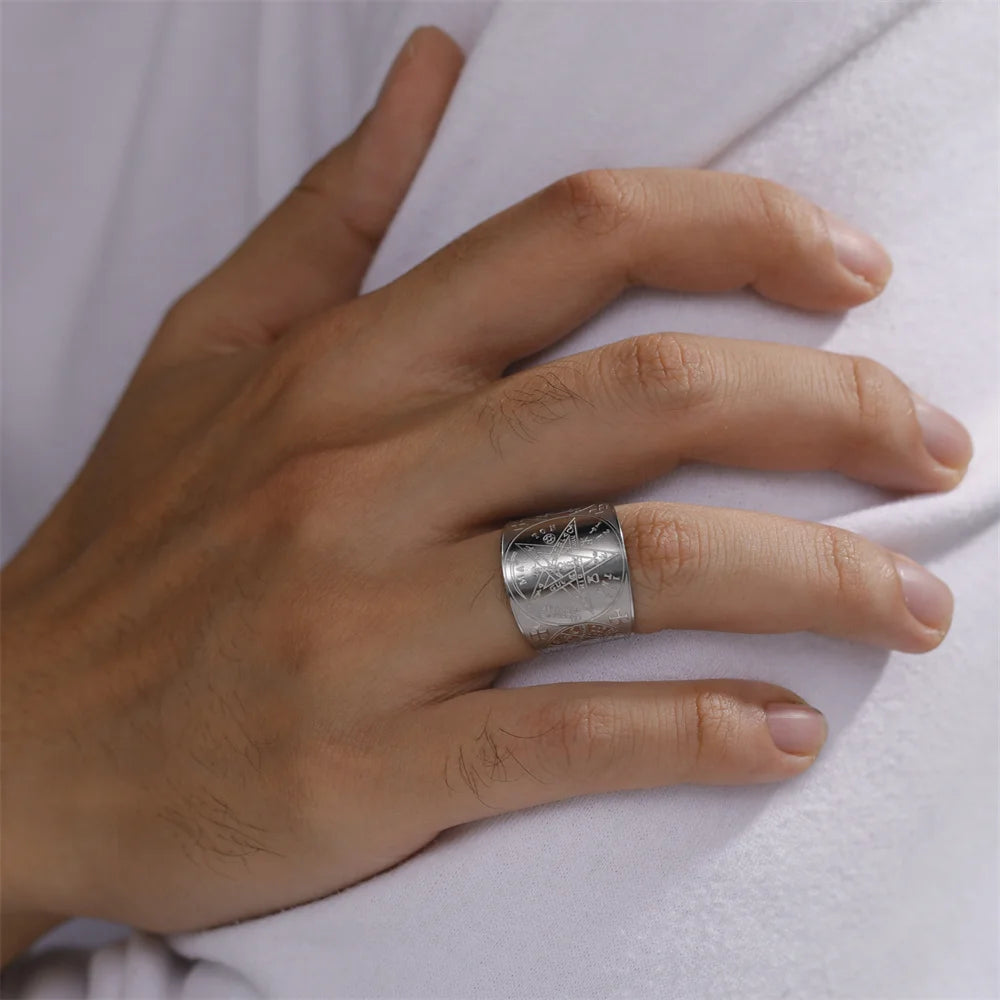 Stainless Steel Pentagram Protection Ring - Elementsofthewitch