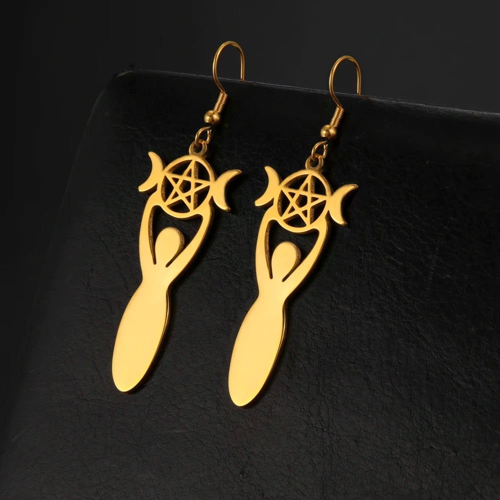Dawapara Triple Moon Spiral Goddess Symbol Dangle Earrings Wiccan Pentagram Pagan Stainless Steel Women Jewelry