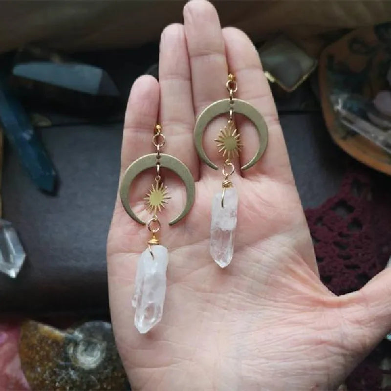 New Hippie Tribal Sun Crescent Earrings Brass Color Witchy Jewelry Bohemia Birthday Magical Clear Stone Point Women Fashion Gift