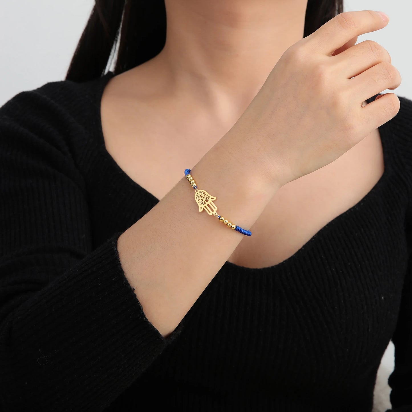 LIKGREAT Classic Hand of Fatima Adjustable Bracelets Lucky Amulet Hamsa Spiritual Jewelry Stainless Steel Men Women Wiccan Gift