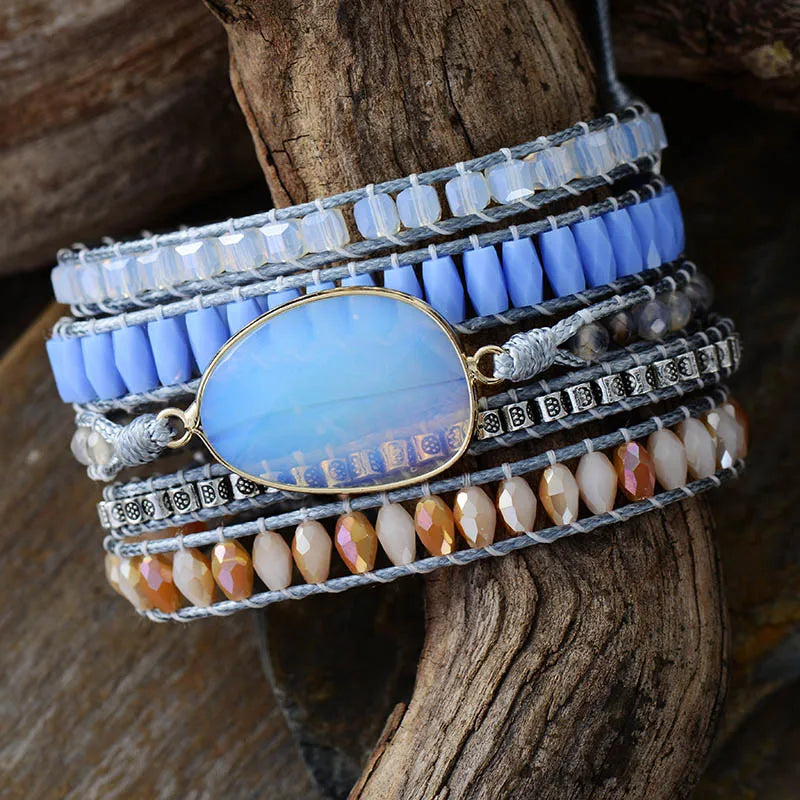 Creative Opal Stone 5 Layers Crystal Wristband Vintage Wrap Bracelet Cuff Bangle Handmade Spiritual Bohemia Jewelry