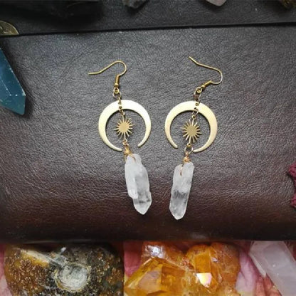 New Hippie Tribal Sun Crescent Earrings Brass Color Witchy Jewelry Bohemia Birthday Magical Clear Stone Point Women Fashion Gift