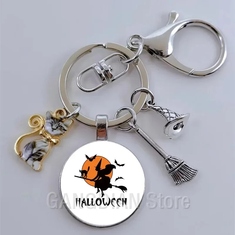 DIY Halloween Keyring Witchy Witchcraft hat Keychain Cat Key Chains Gothic Broomstick Charms Gift For Witch Lover Jewlery