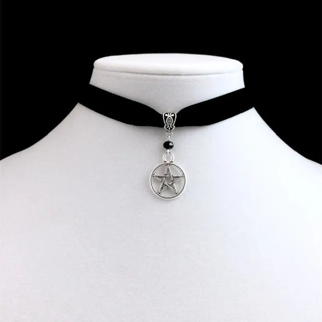 Crescent moon choker thick black velvet with jewelry large silver color charm gothic witchy choker gift fashion