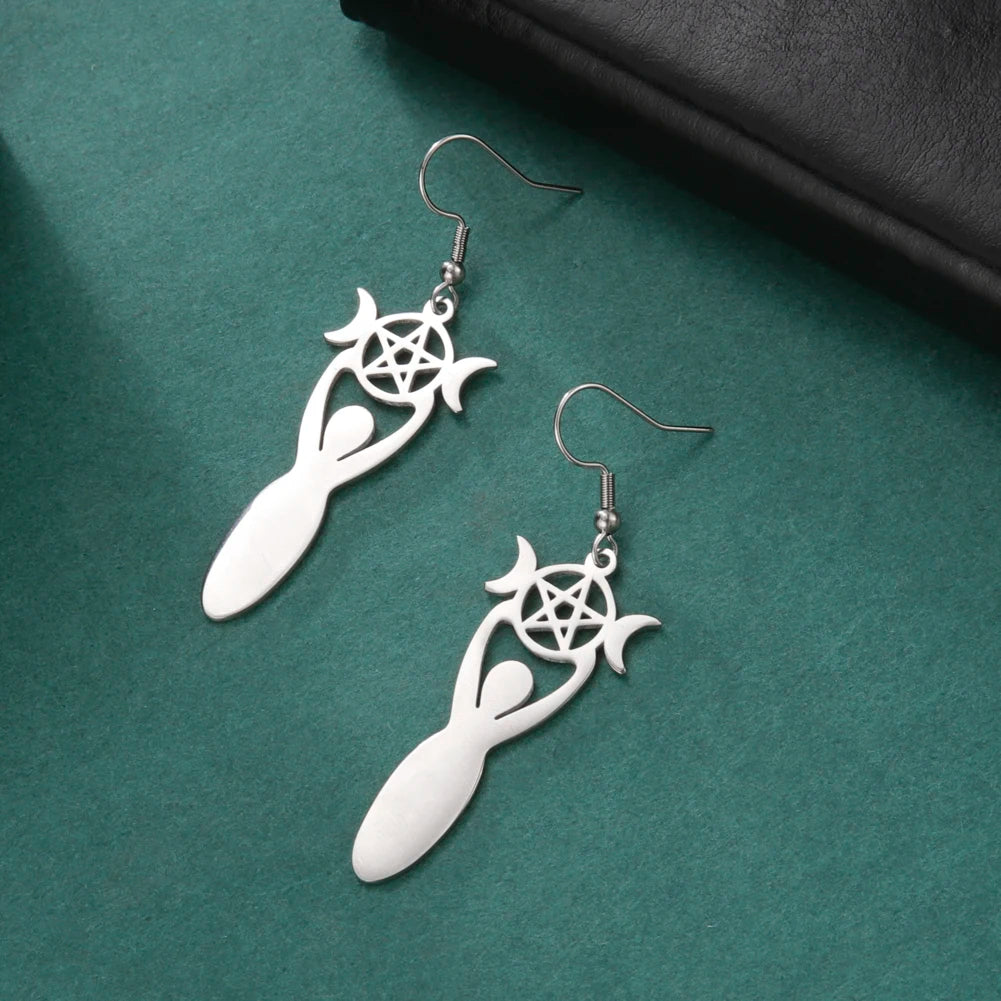 Dawapara Triple Moon Spiral Goddess Symbol Dangle Earrings Wiccan Pentagram Pagan Stainless Steel Women Jewelry