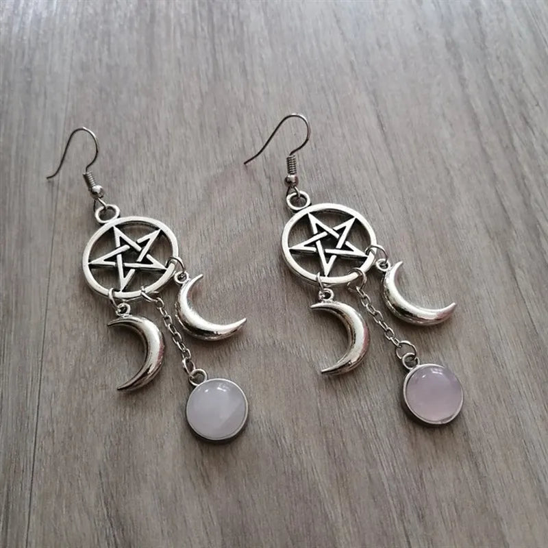 Pentagram Crescent Moon Rose Stone Earrings Natural Stone Wicca Witchy Creative Gorgeous Wedding Pagan Gothic Women Gift Fashion