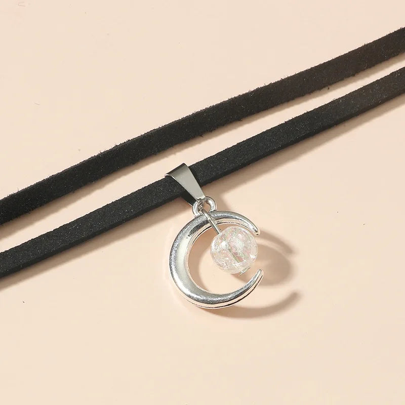 Double Layers Black Choker Necklace Crescent Pendant Statement Gothic Witchy Halfmoon Luna Women Neck Jewelry Gift
