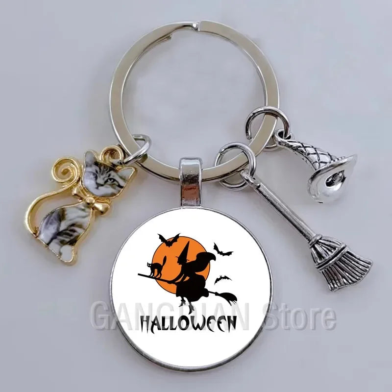 DIY Halloween Keyring Witchy Witchcraft hat Keychain Cat Key Chains Gothic Broomstick Charms Gift For Witch Lover Jewlery