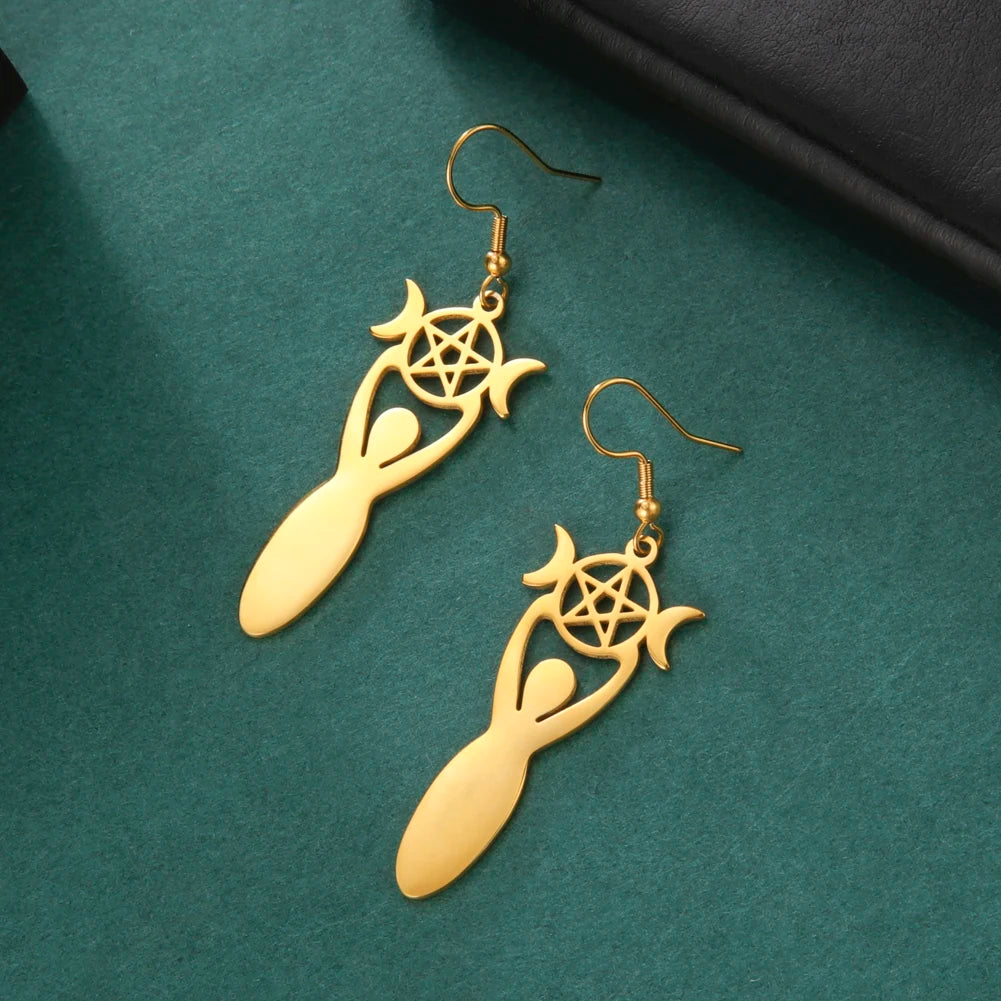 Dawapara Triple Moon Spiral Goddess Symbol Dangle Earrings Wiccan Pentagram Pagan Stainless Steel Women Jewelry