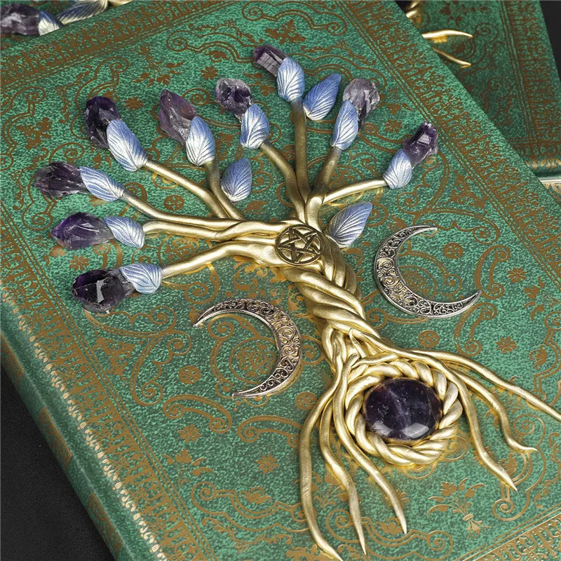 Retro Magic Notebook 3D Relief Sculpture Flying Horse Pentagram Inlaid With Natural Crystal Stone Thickened Multi Page Notebook