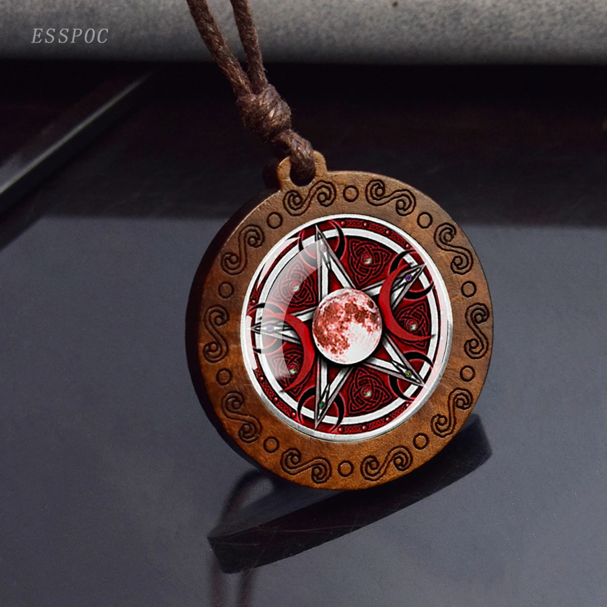 Triple Moon Goddess Glass Necklace Wood Pendant Wiccan Pentagram Necklace Vintage Magic Sign Jewelry Dropshipping