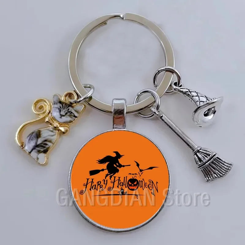 DIY Halloween Keyring Witchy Witchcraft hat Keychain Cat Key Chains Gothic Broomstick Charms Gift For Witch Lover Jewlery