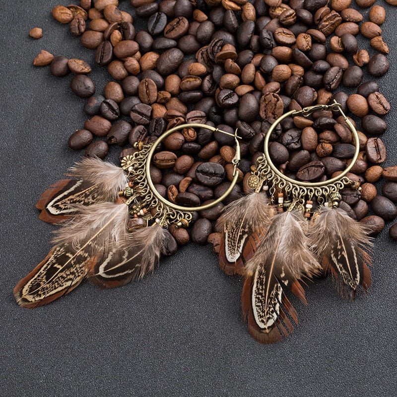 Brown Feather Tassel Pendant Earrings - Elementsofthewitch