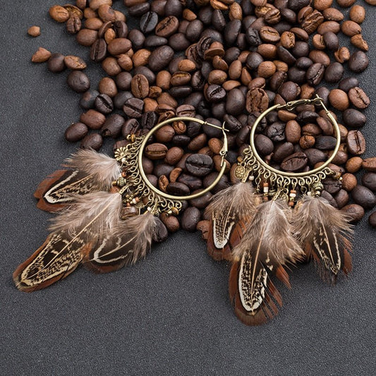 Brown Feather Tassel Pendant Earrings - Elementsofthewitch