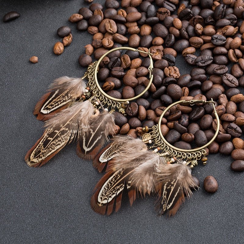 Brown Feather Tassel Pendant Earrings - Elementsofthewitch