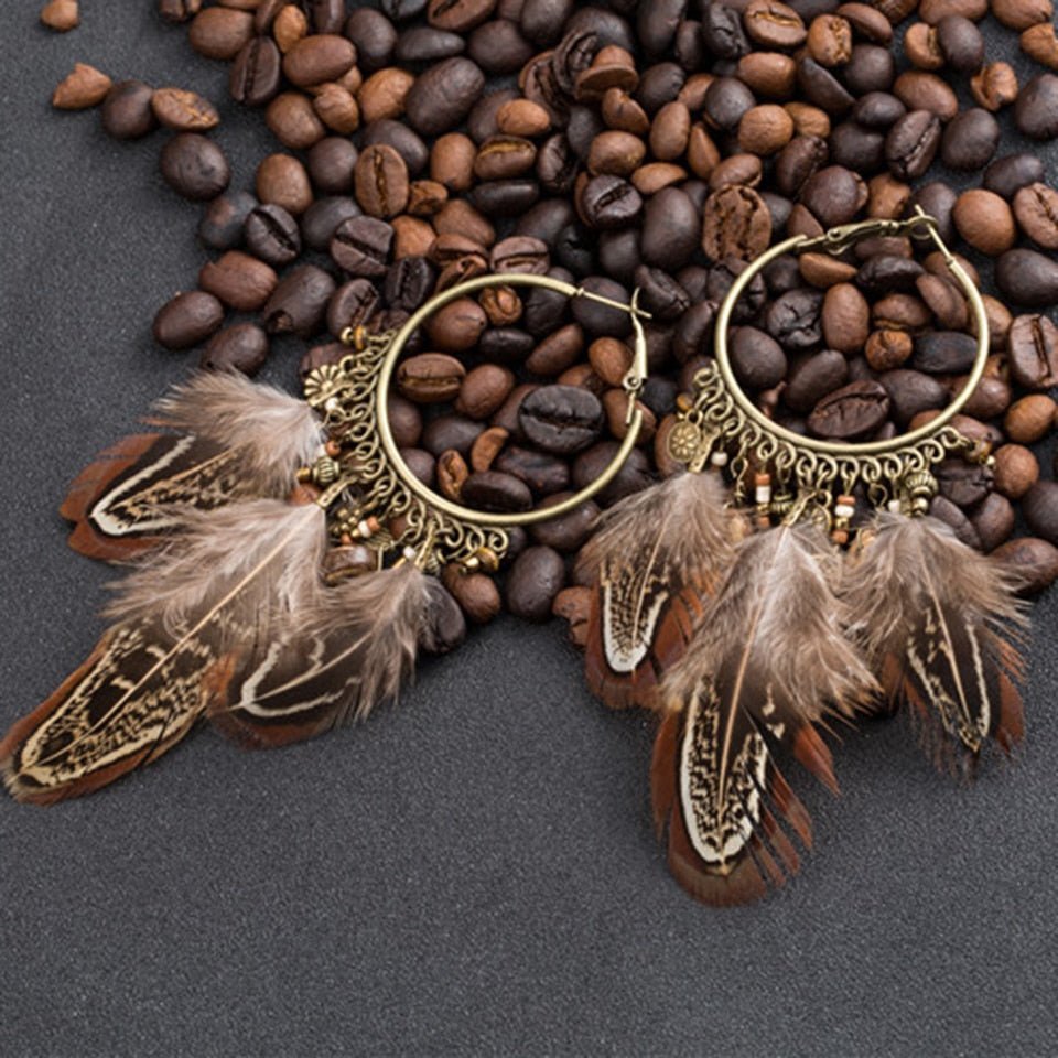 Brown Feather Tassel Pendant Earrings - Elementsofthewitch