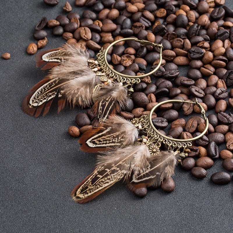 Brown Feather Tassel Pendant Earrings - Elementsofthewitch